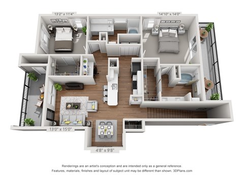Floor plan for 2 beds, 2 baths, 1177 sqft